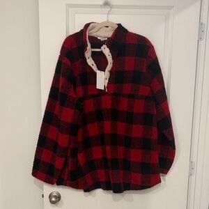NWT ANDREE BY UNIT Red and Black Checkered Fleece Top